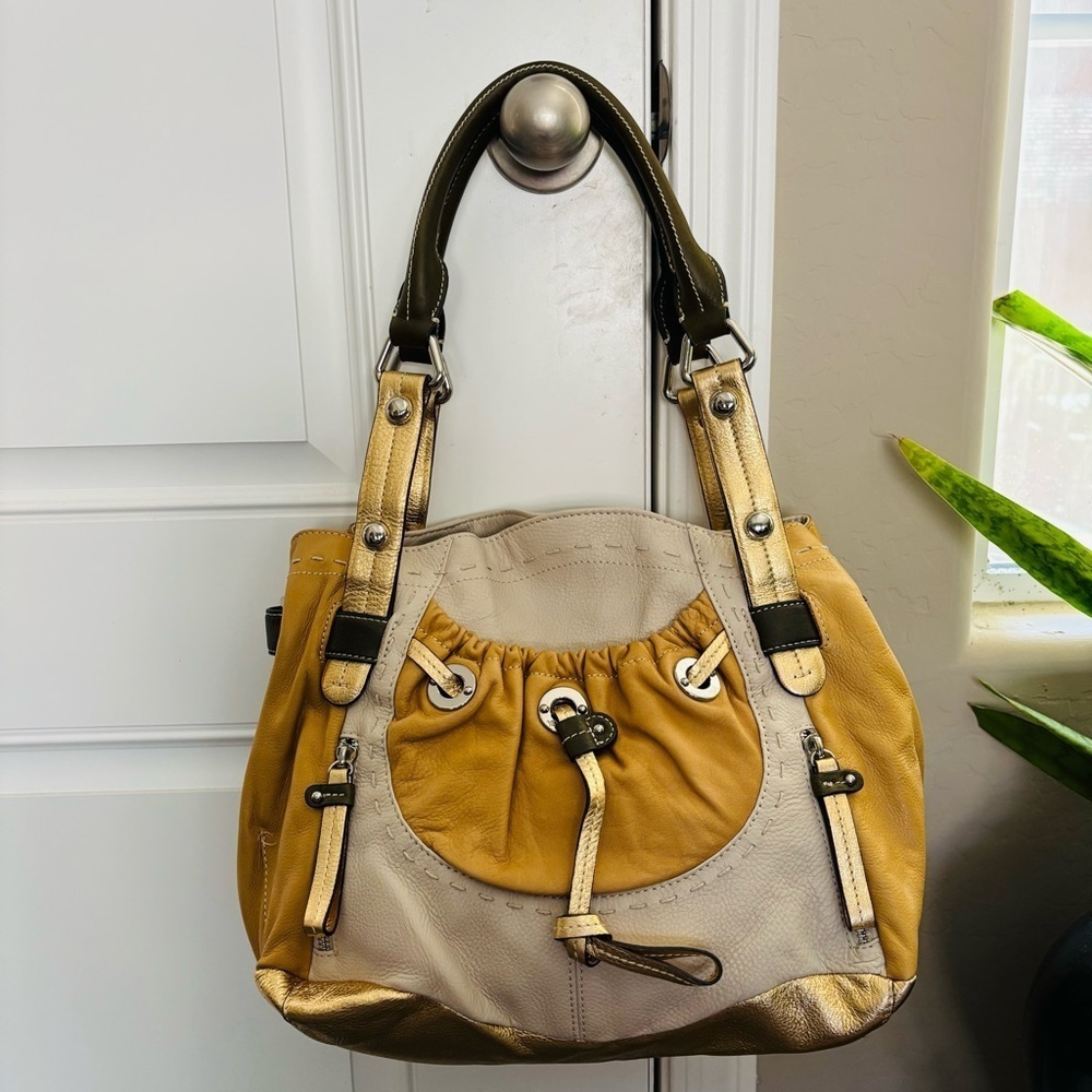 B Makowsky Genuine Leather Gold/Brown/Beige w/ Khaki Handles Shoulder/Tote Bag